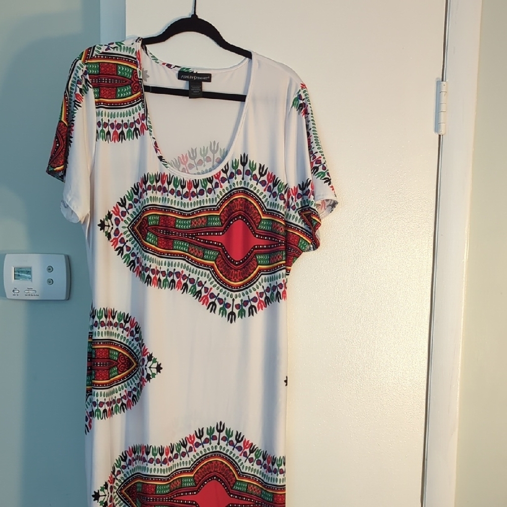 Ashley Stewart African/Tribal Print Maxi Dress With Tie Belt (White)